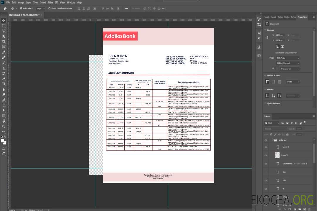 Bosnie-Herzégovine Relevé d'Addiko Bank template